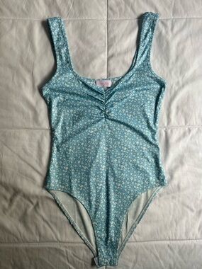 Pink Lily Pickin' Wildflowers Blue Ribbed Knit Floral Tank Bodysuit - XS